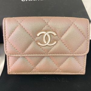 CHANEL Iridescent Caviar Quilted Double Flap Wallet Beige